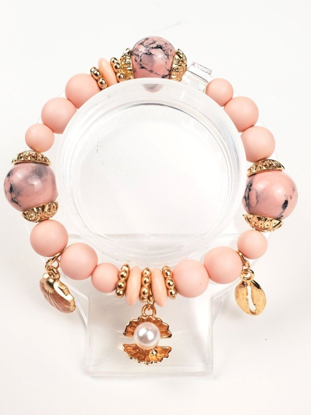 Pink Beaded Bracelet With Gold Tone Seashell & Pearl Charms Stretchable